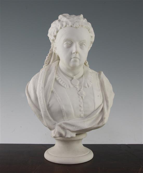 A Copeland parian bust of Queen Victoria, modelled by Owen Hale, c.1887, 36cm, old glue to interior of socle